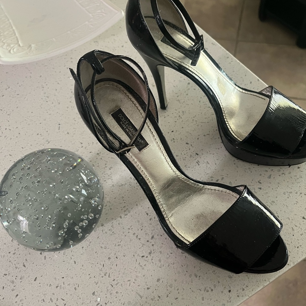 Dolce & Gabbana Black Patent Leather Open-Toe Ankle-Strap Heels